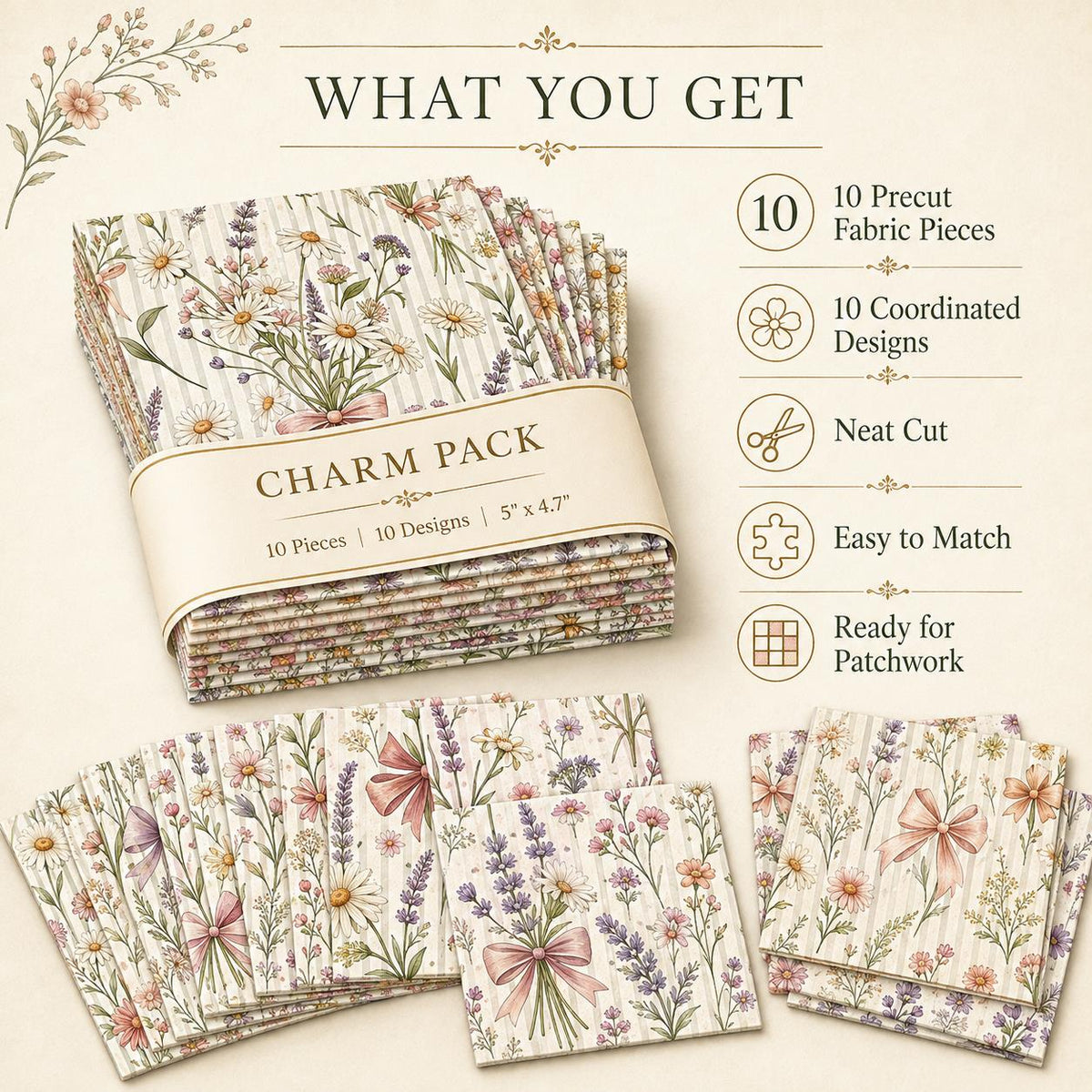 10pcS Charm Pack Set Floral Pattern VIntage Style Handmade DIY With Rich Color and Texture Elements 100% Polyester Patchwork in 10 Design Styles Suitable For Patchwork DIY Craft Projects DIY Wallet Making Gift Giving Bag Making Mother's Day Gift