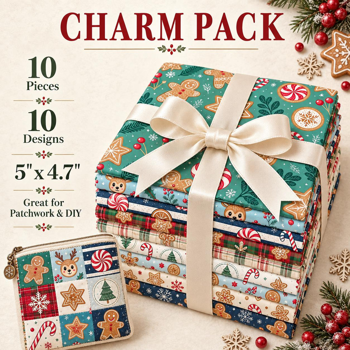 10Pc/Set Christmas Series Stripe Deer Dot Crutch Holly Tree Fat Quarter Fabric, Pre-Cut Square Fabric Assort, Fabric Set, Craft Fabric, Handmade DIY Patchwork Fabric,Home Quilting Sewing Fabric, Packaging Fabric, Scrapbooking Craft Hobbyist