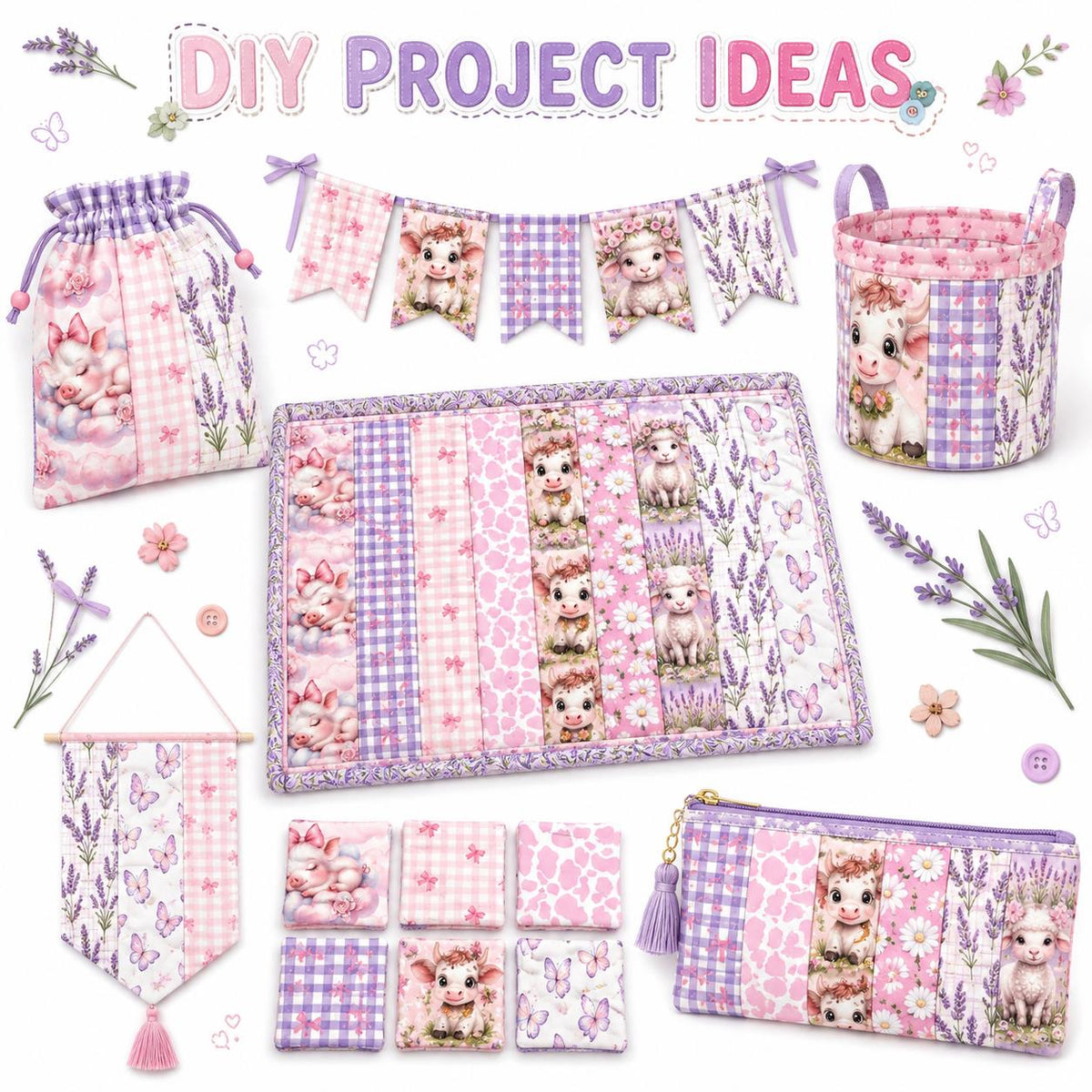 10pcs Vintage Lavender Cow Butterfly Pattern Jelly Roll Fabric Strips 2.5X19.7inch Pre-Cut 100% Polyester For Patchwork Quilts, Table Runners, Placemats, Tote Bags, Storage Pouches, Makeup Bags, Coasters, Quilt Blocks & Binding Multi-Color