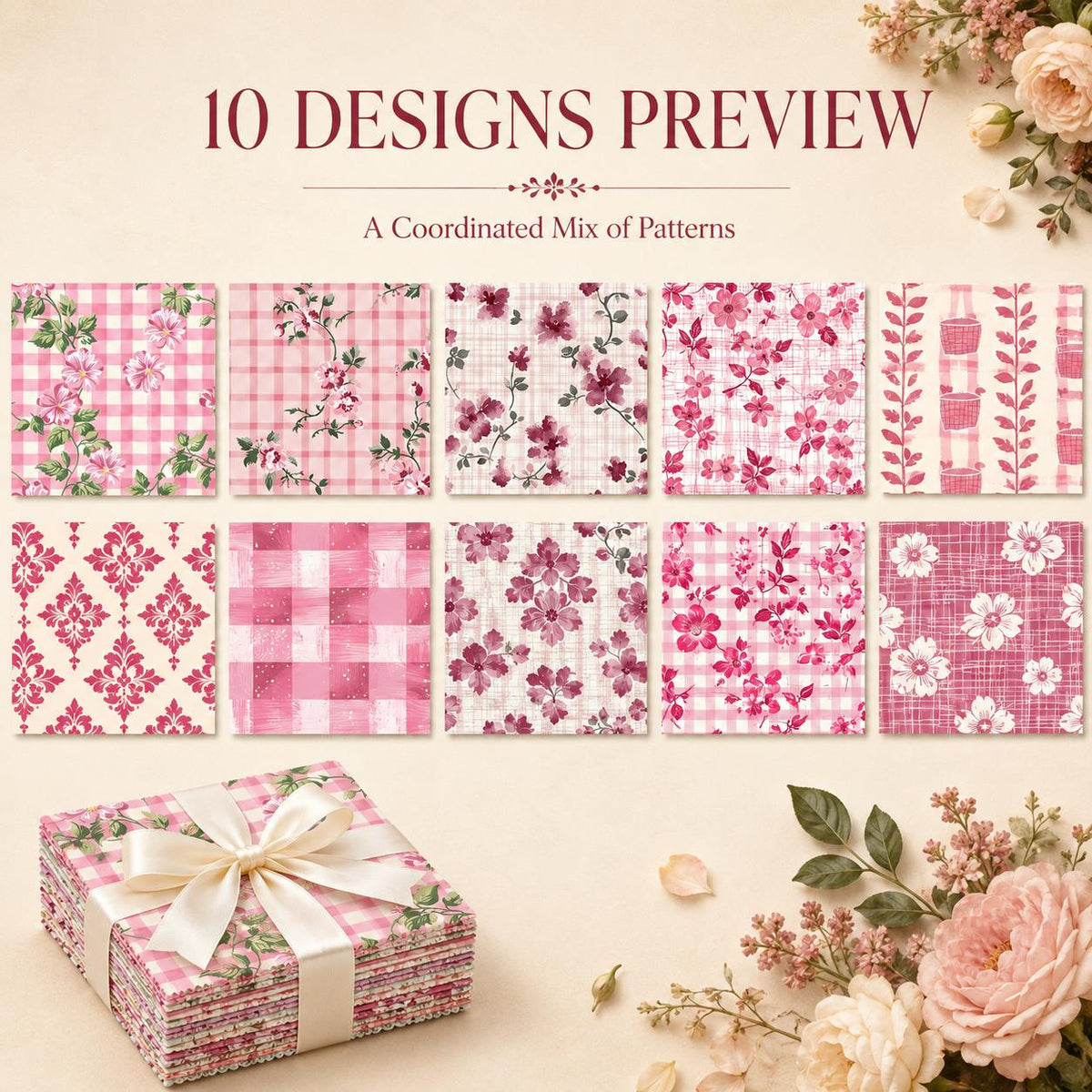 10pcs Charm Pack Set Pink Flower Pattern Vintage Style Pattern Handmade DIY with Rich Color and Texture Elements 100% Polyester Patchwork in 10 Design Styles Suitable for Patchwork DIY Craft Projects DIY Wallet Making Gift Giving Bag Making Mother's Day G