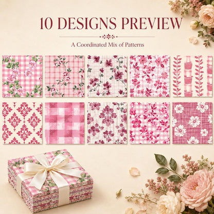 10pcs Charm Pack Set Pink Flower Pattern Vintage Style Pattern Handmade DIY with Rich Color and Texture Elements 100% Polyester Patchwork in 10 Design Styles Suitable for Patchwork DIY Craft Projects DIY Wallet Making Gift Giving Bag Making Mother's Day G