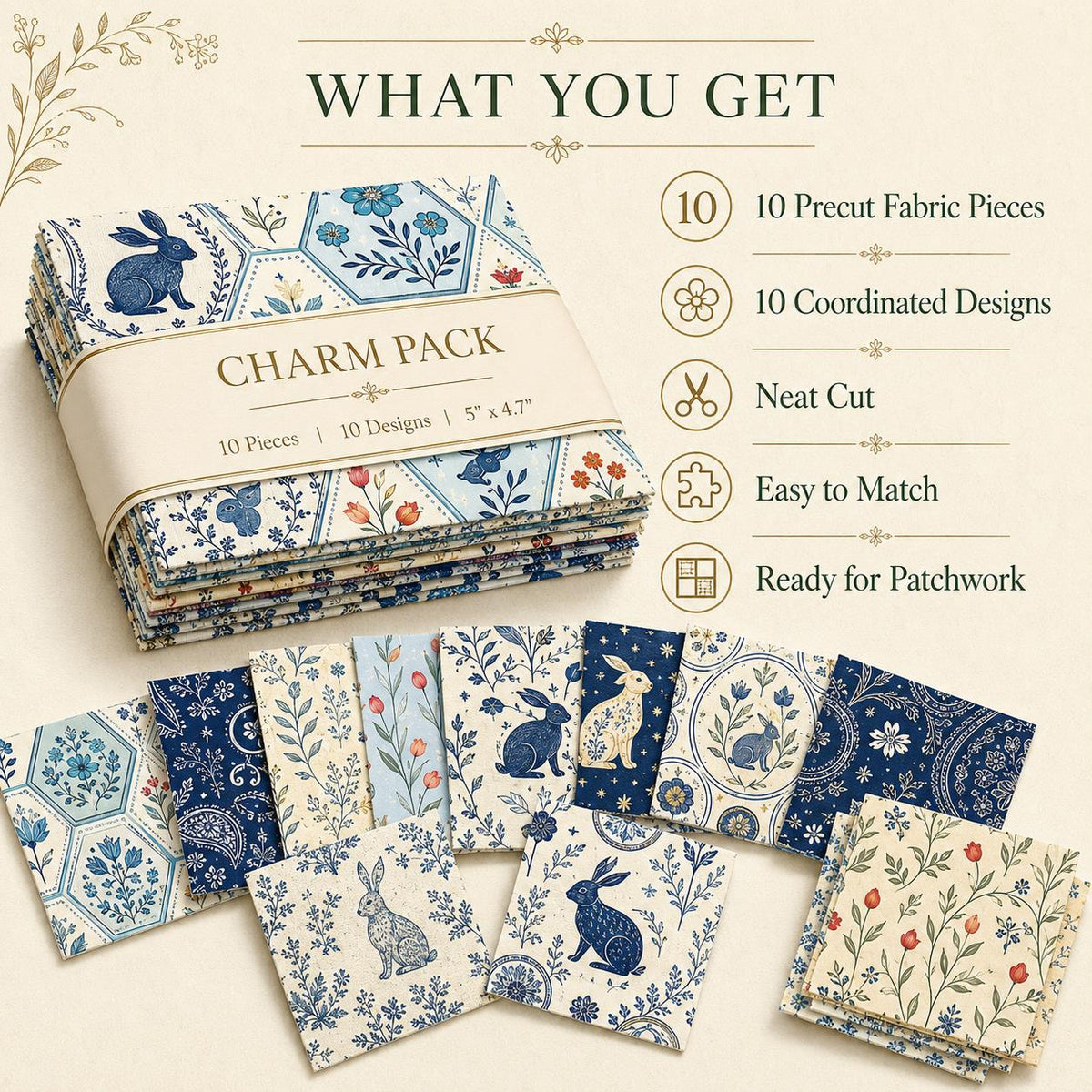10pcs Charm Pack Set Floral Rabbit Vintage Style Pattern Handmade DIY with Rich Color and Texture Elements 100% Polyester Patchwork in 10 Design Styles Suitable for Patchwork DIY Craft Projects DIY Wallet Making Gift Giving Bag Making Mother's Day Gift