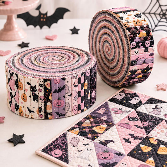 10pcs Vintage Pumpkin Bat Ghost Halloween Theme Jelly Roll Fabric Strips 2.5X19.7inch Pre-Cut 100% Polyester For Patchwork Quilts, Table Runners, Placemats, Tote Bags, Storage Pouches, Makeup Bags, Coasters, Quilt Blocks & Binding
