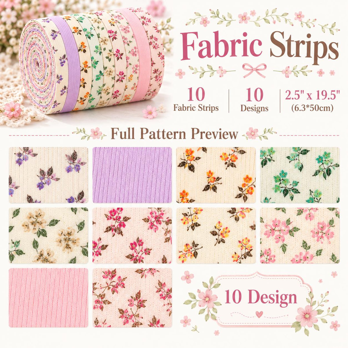 10pcs Vintage Floral Corduroy Fabric Jelly Roll Fabric Strips 2.5X19.7inch Pre-cut 100% Polyester for Patchwork Quilts, Table Runners, Placemats, Tote Bags, Storage Pouches, Makeup Bags, Coasters, Quilt Blocks & Binding Multi-color