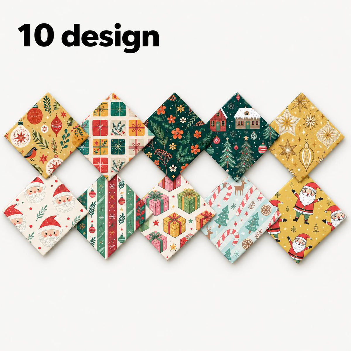 10Pc/Set Christmas Flower Deer Tree Santa Claus Crutch Series Fat Quarter Fabric, Pre-Cut Square Fabric Assort, Fabric Set, Craft Fabric, Handmade DIY Patchwork Fabric,Home Quilting Sewing Fabric, Packaging Fabric, Scrapbooking Craft Hobbyist