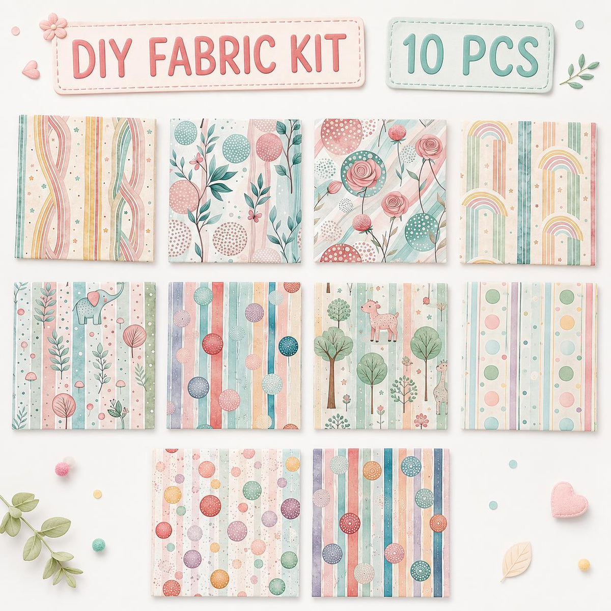 10Pc/Set Flower Strip Dot Series Deer Butterfly Star Mushroom Bear Elephan Rose Fat Quarter Fabric, Pre-Cut Square Fabric Assort, Fabric Set, Craft Fabric, Handmade DIY Patchwork Fabric,Home Quilting Sewing Fabric, Packaging Fabric, Scrapbooking Craft Hob