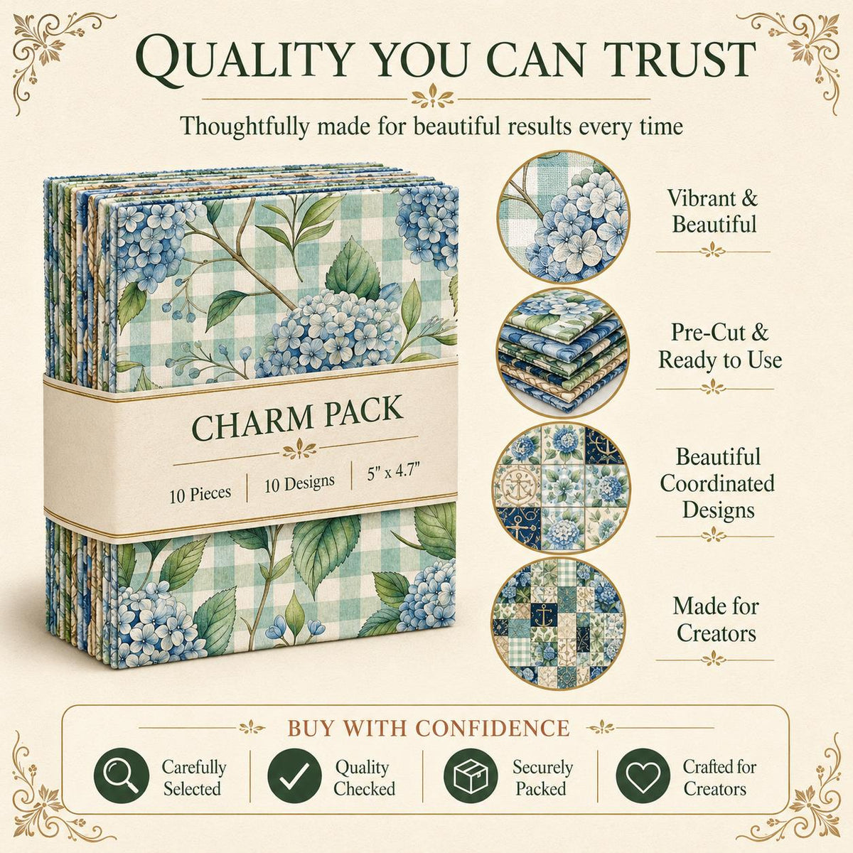 10pcs Charm Pack Set Floral Hydrangea Pattern Vintage Style Handmade DIY with Rich Color and Texture Elements 100% Polyester Patchwork in 10 Design Styles Suitable for Patchwork DIY Craft Projects DIY Wallet Making Gift Giving Bag Making Mother's Day Gift