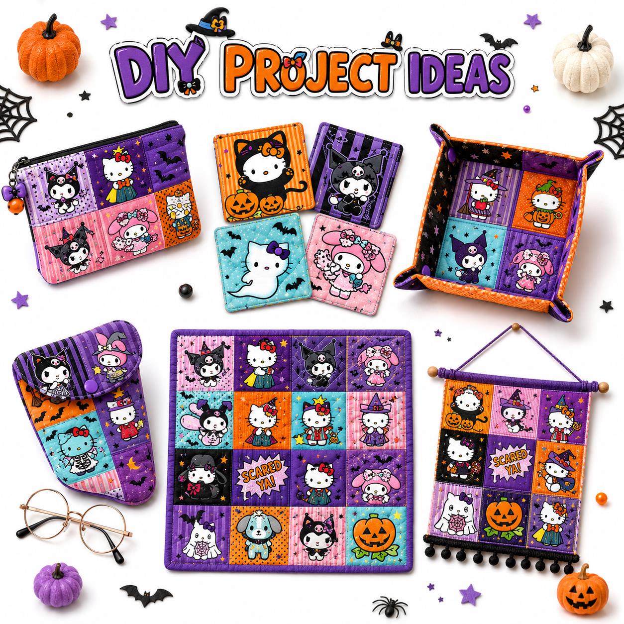 10Pc/Set Sanrio Series Kitty PompomPurin Melody Kuromi Halloween Fat Quarter Fabric, Pre-Cut Square Fabric Assort, Fabric Set, Craft Fabric, Handmade DIY Patchwork Fabric,Home Quilting Sewing Fabric, Packaging Fabric, Scrapbooking Craft Hobbyist