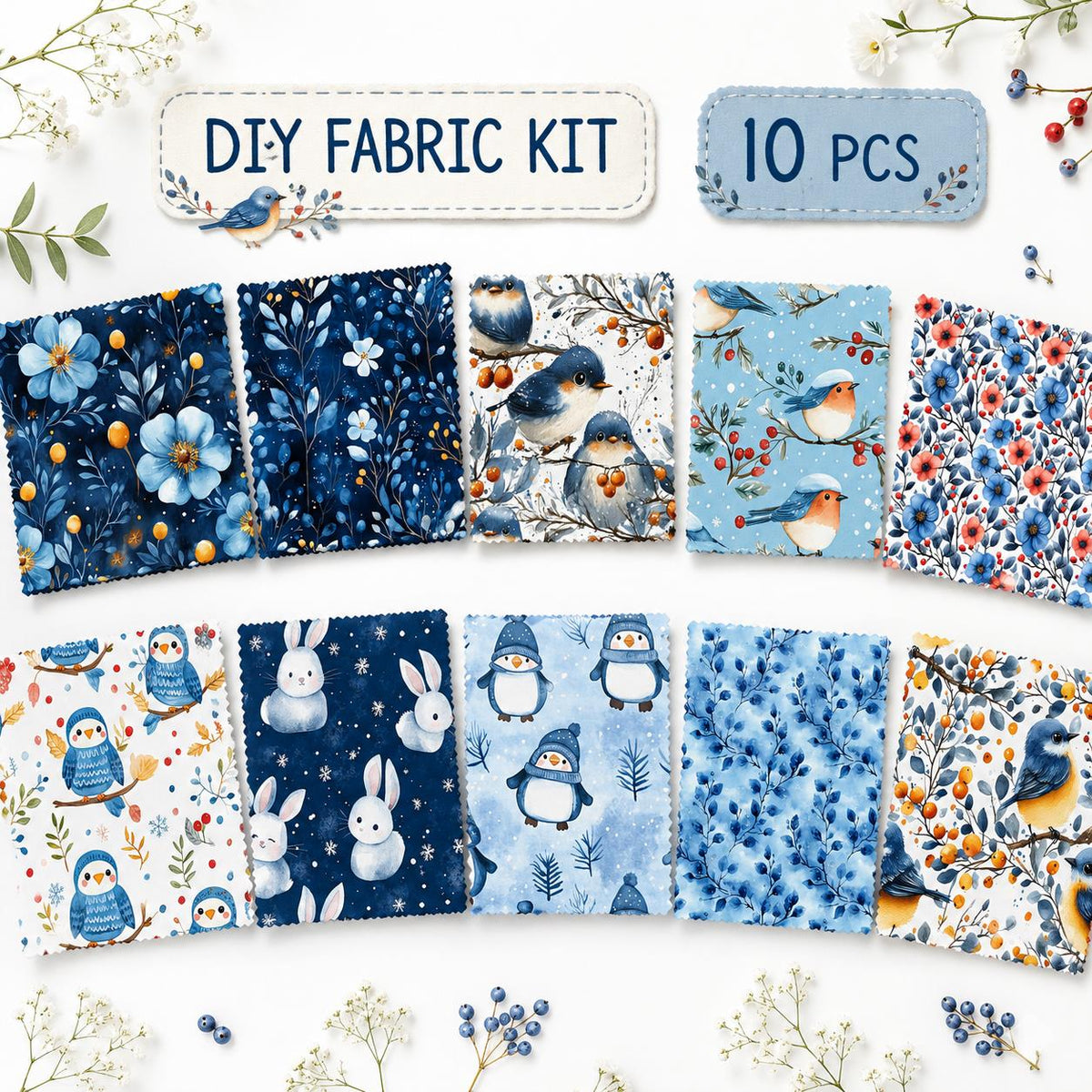 10Pc/Set Christmas Series Flower Bird Rabbit Bird Penguin Fat Quarter Fabric, Pre-Cut Square Fabric Assort, Fabric Set, Craft Fabric, Handmade DIY Patchwork Fabric,Home Quilting Sewing Fabric, Packaging Fabric, Scrapbooking Craft Hobbyist