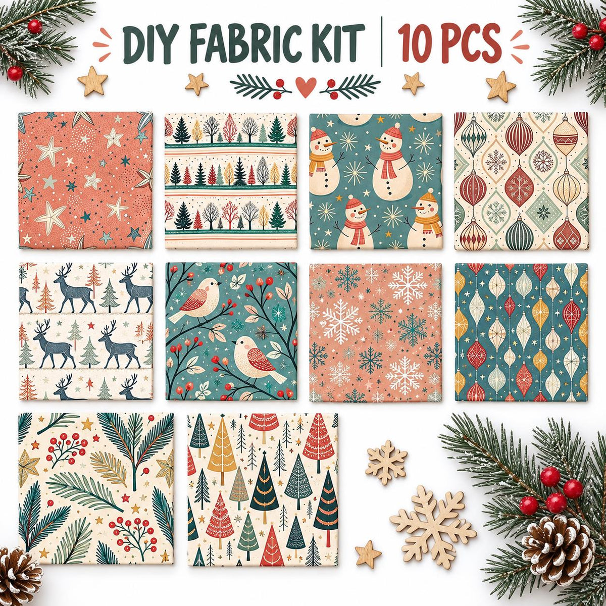 10Pc/Set Christmas Series Star Dot Stripe Bird Deer Tree Fat Quarter Fabric, Pre-Cut Square Fabric Assort, Fabric Set, Craft Fabric, Handmade DIY Patchwork Fabric,Home Quilting Sewing Fabric, Packaging Fabric, Scrapbooking Craft Hobbyist