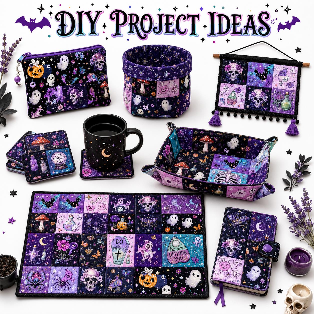 10Pc/Set Halloween Series Butterfly Heart Skull Pumpkin Cat Mushroom Rose Bat Fat Quarter Fabric, Pre-Cut Square Fabric Assort, Fabric Set, Craft Fabric, Handmade DIY Patchwork Fabric,Home Quilting Sewing Fabric, Packaging Fabric, Scrapbooking Craft Hobby