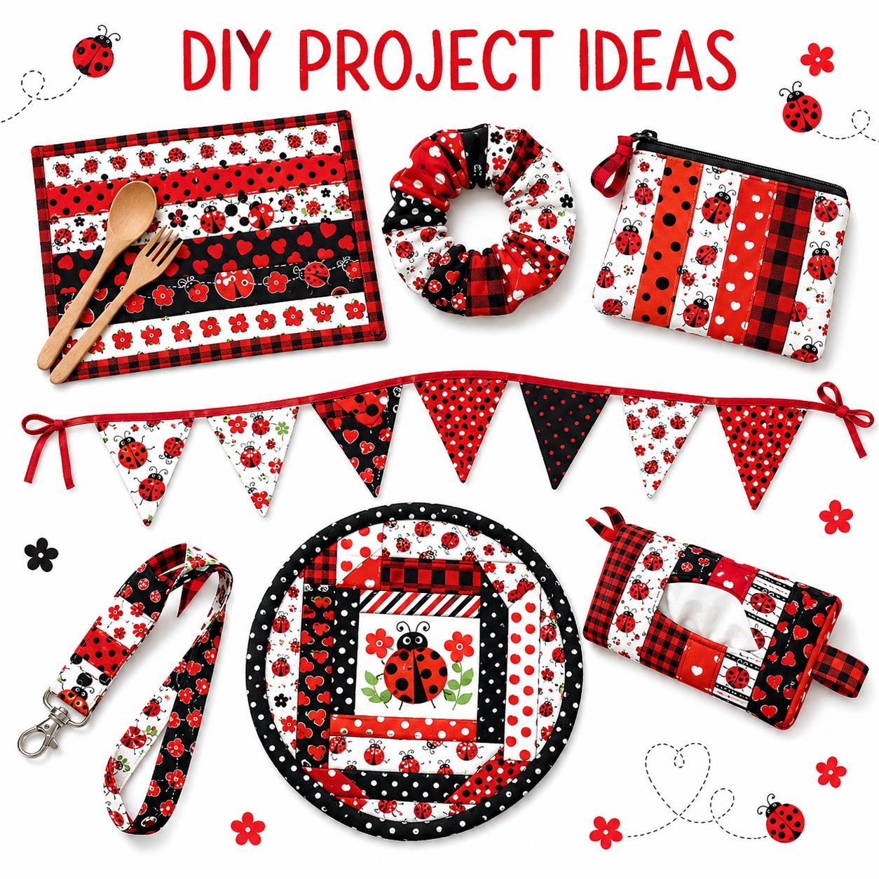 10Pc/Set, Making 10 Images 1pc Each, Each Size: 6.3*50cm Spring Heart Ladybug Red Series Sliced Fabric Set Style Combination, Polyester Jelly Roll Fabric Strips, Pre-Cut Quilting Squares, For Quilting DIY, Handicrafts And Sewing, Blankets, Rugs