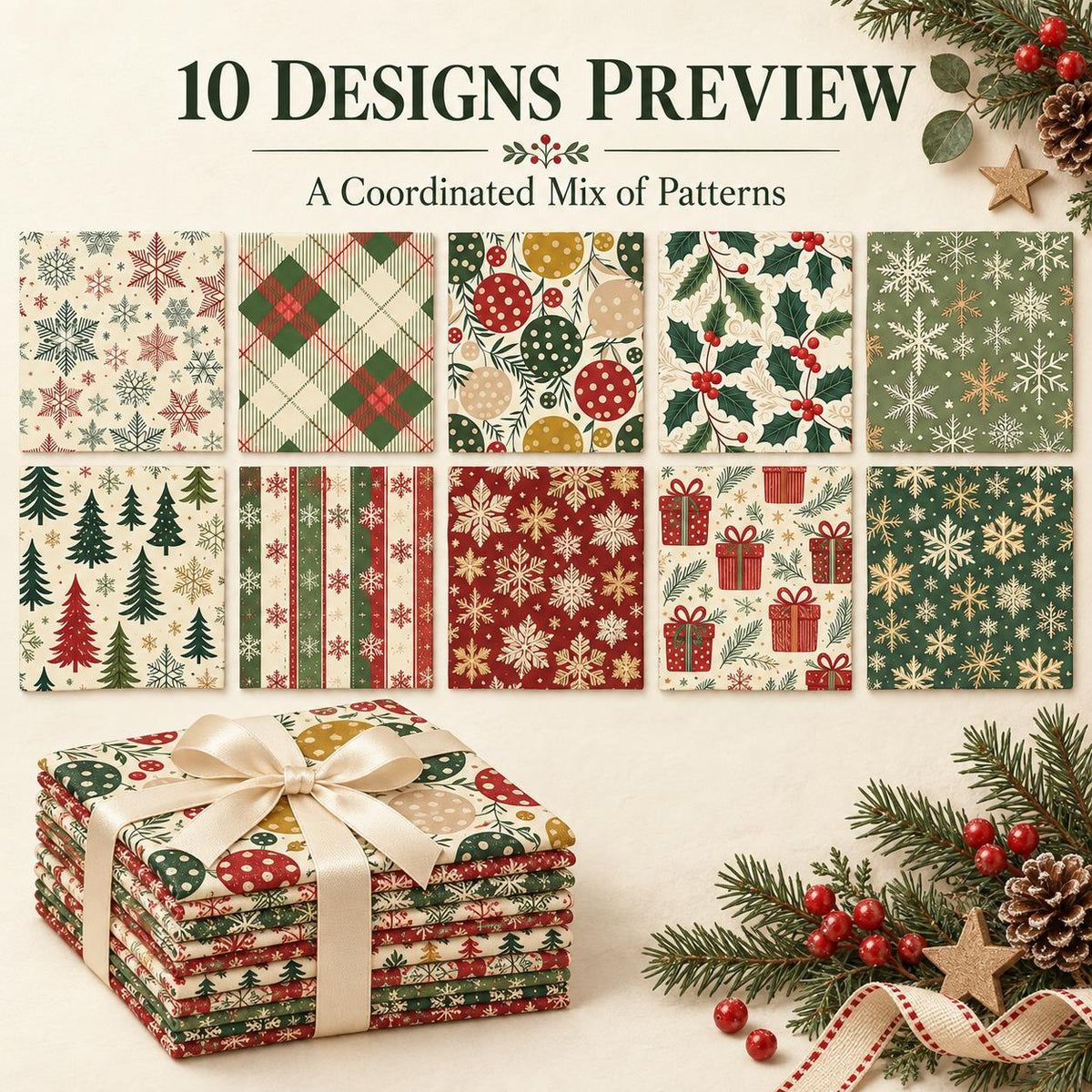 10Pc/Set Christmas Series Stripe Plaid Tree Gift Fat Quarter Fabric, Pre-Cut Square Fabric Assort, Fabric Set, Craft Fabric, Handmade DIY Patchwork Fabric,Home Quilting Sewing Fabric, Packaging Fabric, Scrapbooking Craft Hobbyist