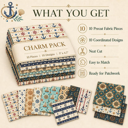 10pcs Charm Pack Set Anchor Pattern 100% Polyester Patchwork in 10 Design Styles, Ready-to-Sew Without Cutting, Suitable For Patchwork Wallet Making Gift Giving Tote Bags Coasters DIY Craft Projects