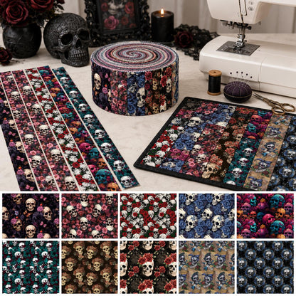 10pcs Skull Halloween Pattern Jelly Roll Fabric Strips 2.5X19.7inch Pre-cut 100% Polyester for Patchwork Quilts, Table Runners, Placemats, Tote Bags, Storage Pouches, Makeup Bags, Coasters, Quilt Blocks & Binding