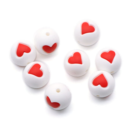 5Pcs 15mm Festive Silicone Beads Love Heart Pattern Round Shaped Focal Beads Loose Spacer Beads for DIY Jewelry Making Accessories DIY Bracelet Necklace Chain Earrings Charm Bangle Decors Craft Pen Supplies