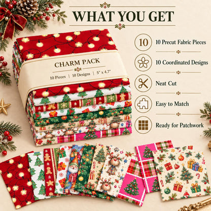 10Pc/Set Christmas Series Star Plaid Deer Santa Claus Crutch Fat Quarter Fabric, Pre-Cut Square Fabric Assort, Fabric Set, Craft Fabric, Handmade DIY Patchwork Fabric,Home Quilting Sewing Fabric, Packaging Fabric, Scrapbooking Craft Hobbyist
