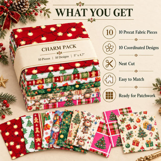 10Pc/Set Christmas Series Star Plaid Deer Santa Claus Crutch Fat Quarter Fabric, Pre-Cut Square Fabric Assort, Fabric Set, Craft Fabric, Handmade DIY Patchwork Fabric,Home Quilting Sewing Fabric, Packaging Fabric, Scrapbooking Craft Hobbyist