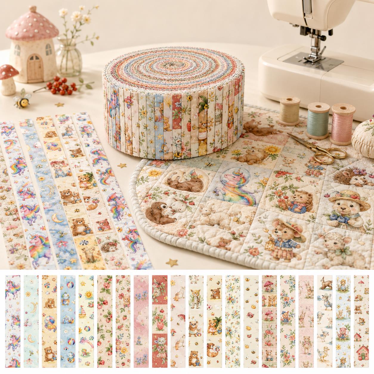 20pcs Vintage Bear Cat Hedgehog Animal Series Jelly Roll Fabric Strips 2.5X19.7inch Delicate Printed Multi-Color 100% Polyester For DIY Handmade Patchwork, Table Runners, Placemats, Tote Bags, Storage Pouches, Makeup Bags, Coasters, Quilt Blocks & Binding