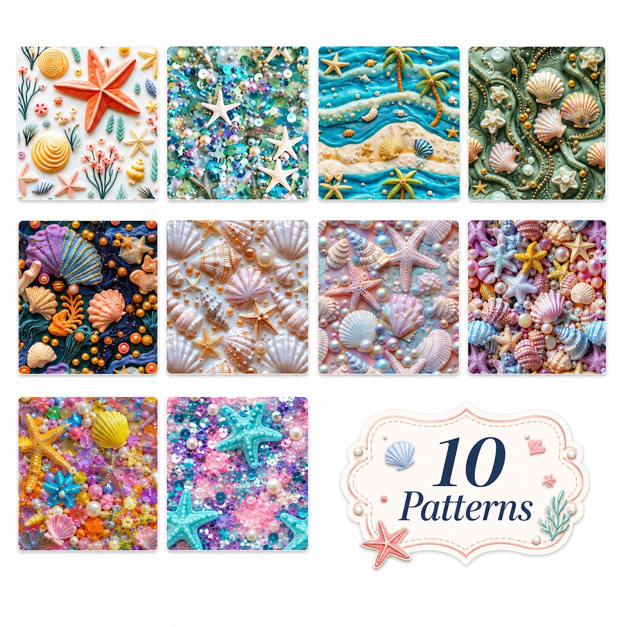 10Pc/Set, Making 10 Images 1pc Each, Each Size: 6.3*50cm 2D Flat Starfish Shell Pearl Sea Series Sliced Fabric Set Style Combination, Polyester Jelly Roll Fabric Strips, Pre-Cut Quilting Squares, For Quilting DIY, Handicrafts And Sewing, Blankets, Rugs