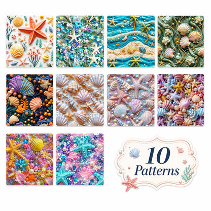10Pc/Set, Making 10 Images 1pc Each, Each Size: 6.3*50cm 2D Flat Starfish Shell Pearl Sea Series Sliced Fabric Set Style Combination, Polyester Jelly Roll Fabric Strips, Pre-Cut Quilting Squares, For Quilting DIY, Handicrafts And Sewing, Blankets, Rugs