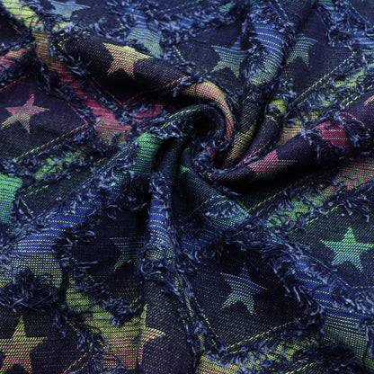 1Pc Plaid Grid Star Pattern Distressed Denim Fabric with Tassels,68.5x19.68inch Pre-cut 100% Polyester Fabric,Luxury Vintage Style,Hand Wash Only,Ideal for DIY Crafts, Bags & Sewing Projects,Hats,Sewing Supplies for Crafts