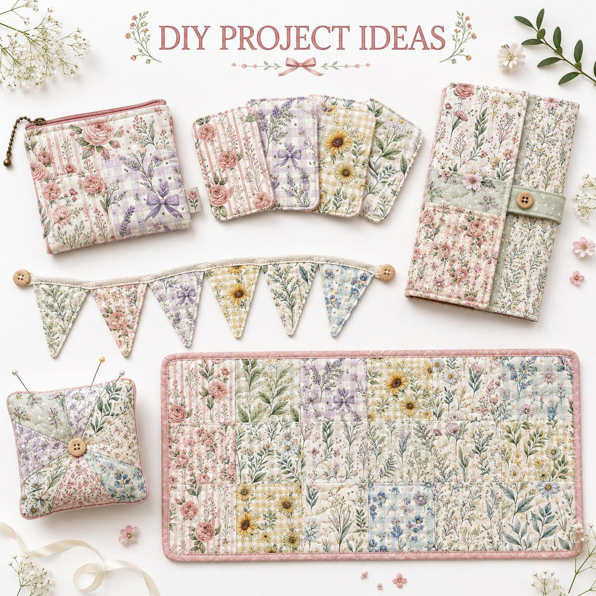 10pcs Charm Pack Set Floral Pattern 100% Polyester Patchwork in 10 Design Styles, Ready-to-Sew Without Cutting, Suitable For Patchwork Wallet Making Gift Giving Tote Bags Coasters DIY Craft Projects
