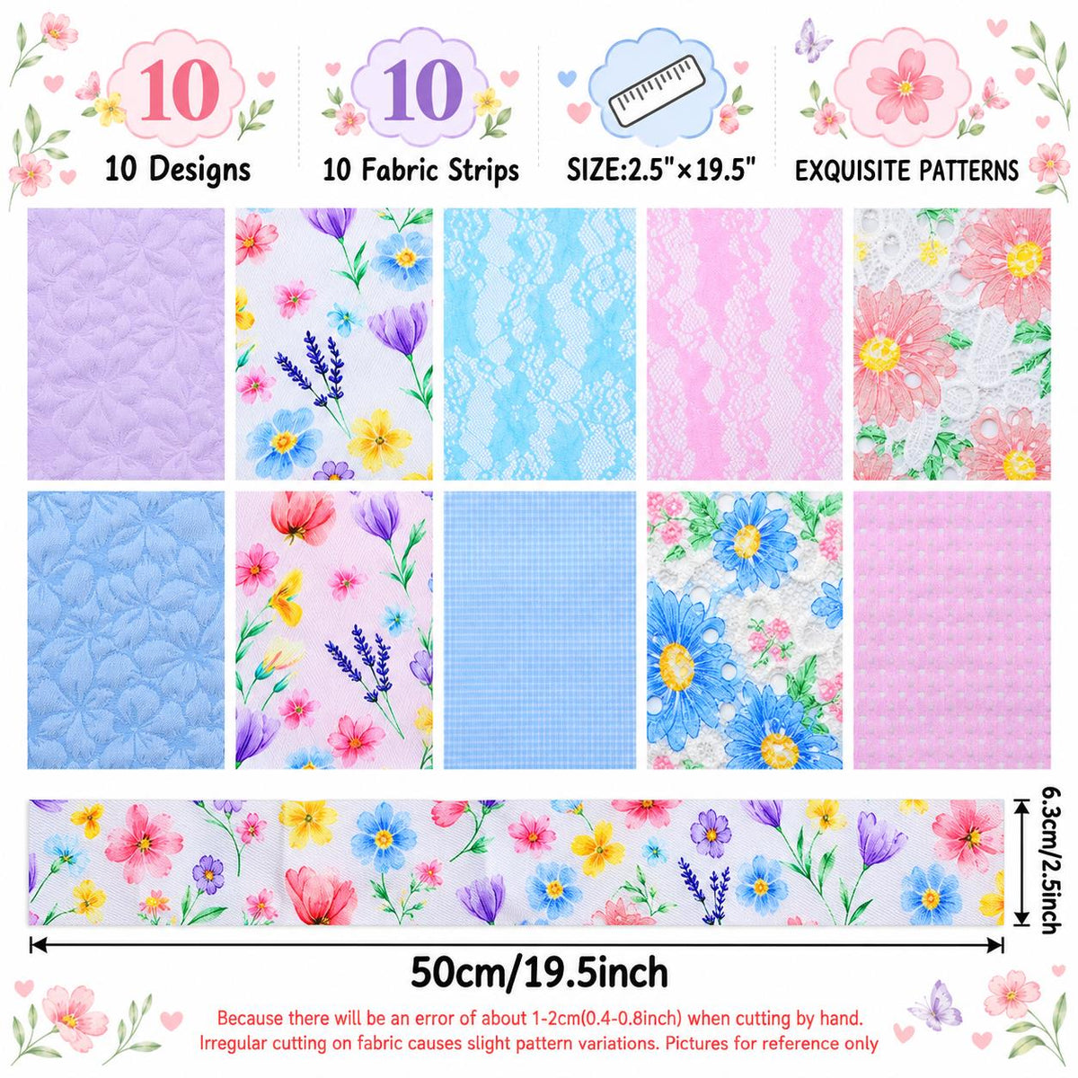 10Pc/Set, Making 10 Images 1pc Each, Each Size: 6.3*50cm Floral Mesh Gauze Lace Series Sliced Fabric Set Style Combination, Polyester Jelly Roll Fabric Strips, Pre-Cut Quilting Squares, For Quilting DIY, Handicrafts And Sewing, Blankets, Rugs, Interior De