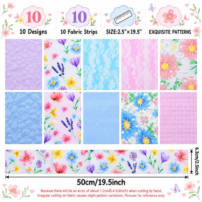 10Pc/Set, Making 10 Images 1pc Each, Each Size: 6.3*50cm Floral Mesh Gauze Lace Series Sliced Fabric Set Style Combination, Polyester Jelly Roll Fabric Strips, Pre-Cut Quilting Squares, For Quilting DIY, Handicrafts And Sewing, Blankets, Rugs, Interior De