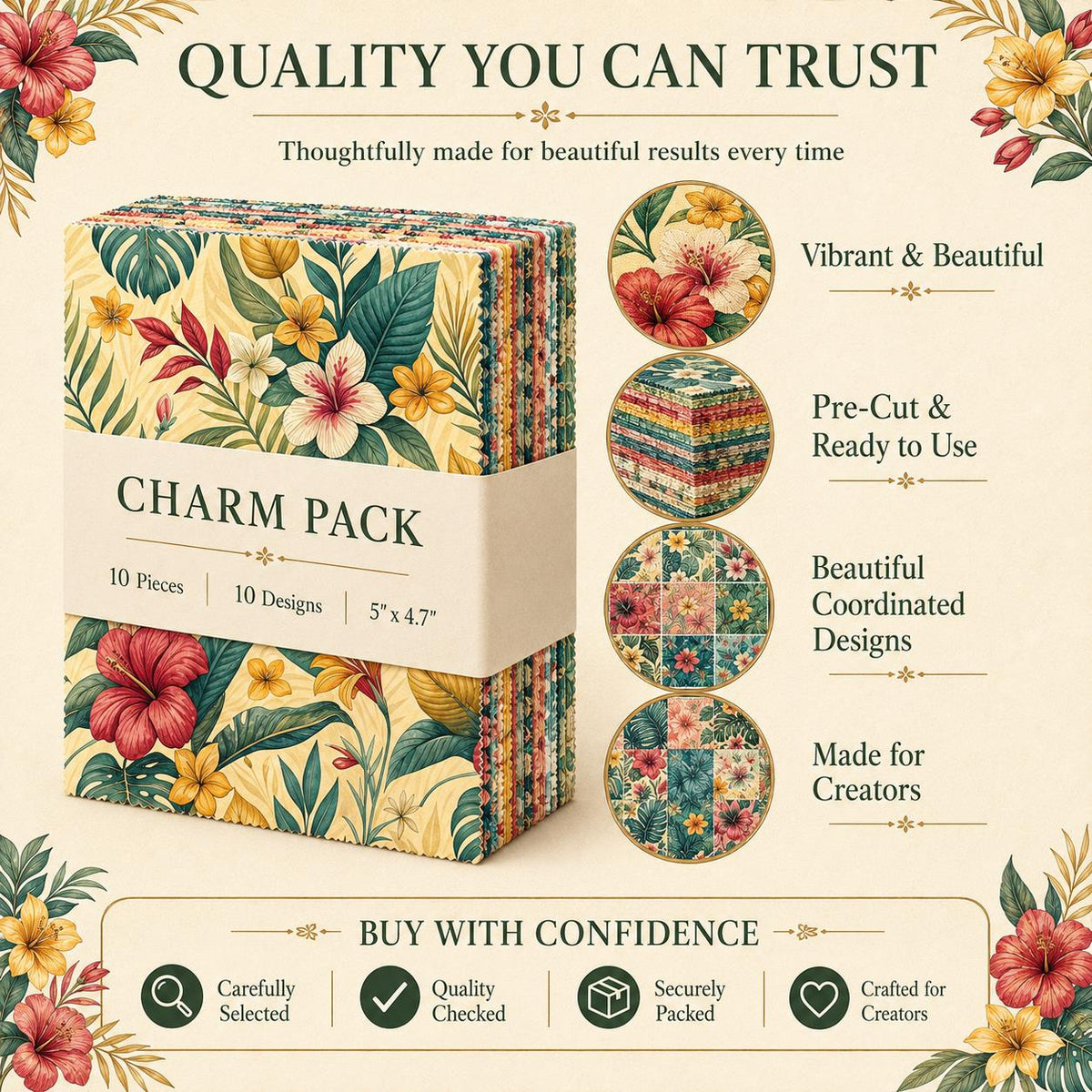 10pcs Charm Pack Set Floral Pattern Vintage Style Handmade DIY with Rich Color and Texture Elements 100% Polyester Patchwork in 10 Design Styles Suitable for Patchwork DIY Craft Projects DIY Wallet Making Gift Giving Bag Making Mother's Day Gift