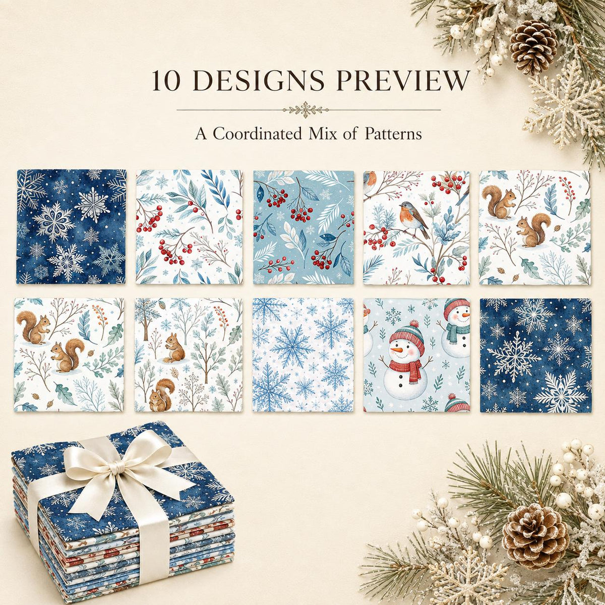 10Pc/Set Christmas Series Bird Squirrel Leaves Fat Quarter Fabric, Pre-Cut Square Fabric Assort, Fabric Set, Craft Fabric, Handmade DIY Patchwork Fabric,Home Quilting Sewing Fabric, Packaging Fabric, Scrapbooking Craft Hobbyist