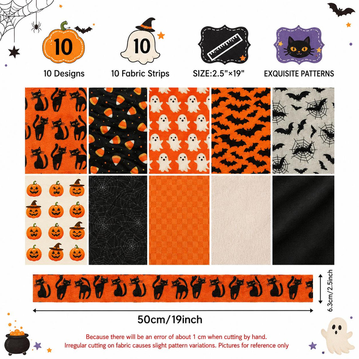 10Pc/Set, Making 10 Images 1pc Each, Each Size: 6.3*50cm Bat Pumpkin Ghost Halloween Series Sliced Fabric Set Style Combination, Polyester Jelly Roll Fabric Strips, Pre-Cut Quilting Squares, For Quilting DIY, Handicrafts And Sewing, Blankets, Rugs, Interi