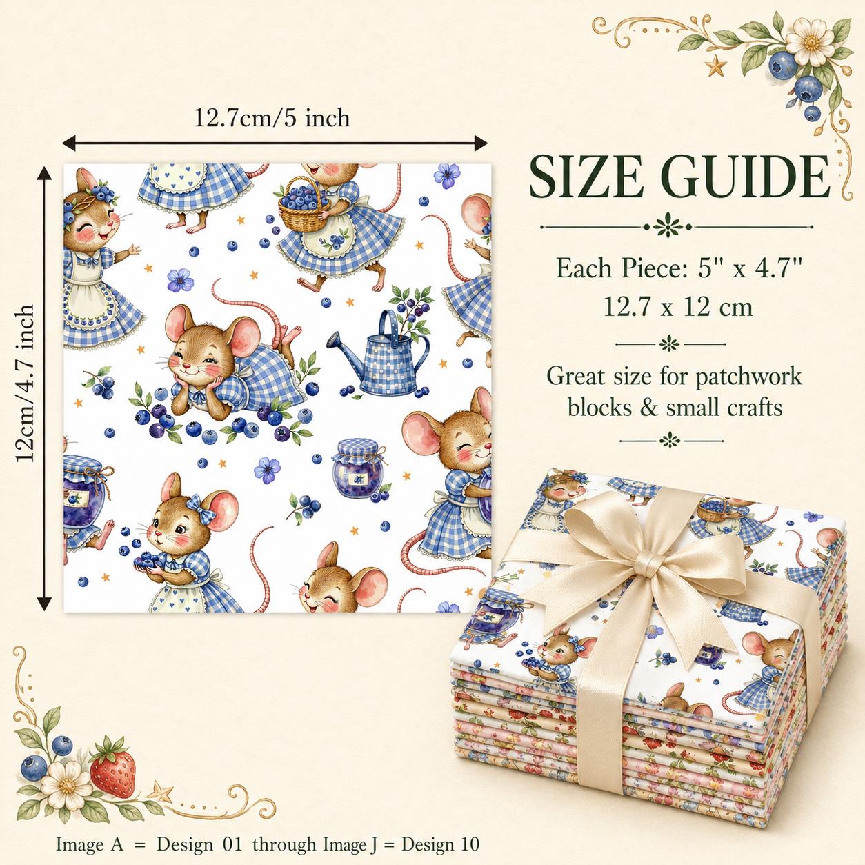 10pcs Charm Pack Set Mouse Mushroom Vintage Style Pattern Handmade DIY with Rich Color and Texture Elements 100% Polyester Patchwork in 10 Design Styles Suitable for Patchwork DIY Craft Projects DIY Wallet Making Gift Giving Bag Making Mother's Day Gift