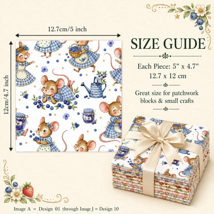 10pcs Charm Pack Set Mouse Mushroom Vintage Style Pattern Handmade DIY with Rich Color and Texture Elements 100% Polyester Patchwork in 10 Design Styles Suitable for Patchwork DIY Craft Projects DIY Wallet Making Gift Giving Bag Making Mother's Day Gift
