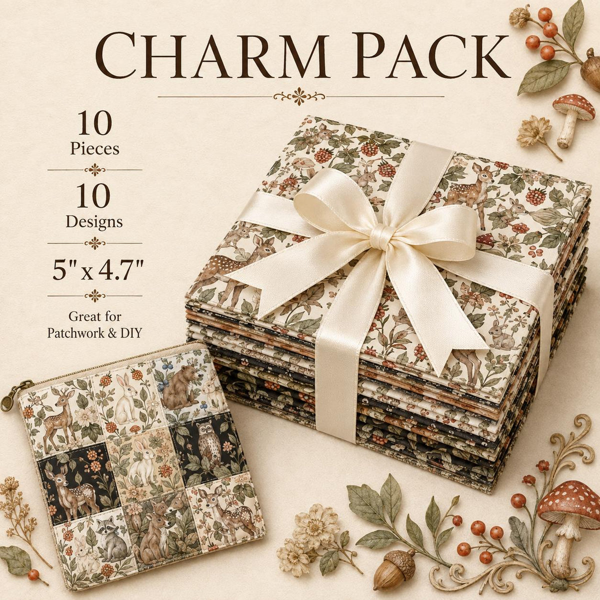 10pcs Charm Pack Set Deer Owl Animal Floral Pattern 100% Polyester Patchwork in 10 Design Styles, Ready-to-Sew Without Cutting, Suitable For Patchwork Wallet Making Gift Giving Tote Bags Coasters DIY Craft Projects Christmas Gift