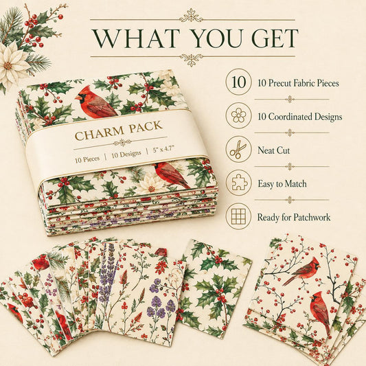 10Pc/Set Christmas Flower Northern Cardinal Series Rose Butterfly Holly Fat Quarter Fabric, Pre-Cut Square Fabric Assort, Fabric Set, Craft Fabric, Handmade DIY Patchwork Fabric,Home Quilting Sewing Fabric, Packaging Fabric, Scrapbooking Craft Hobbyist