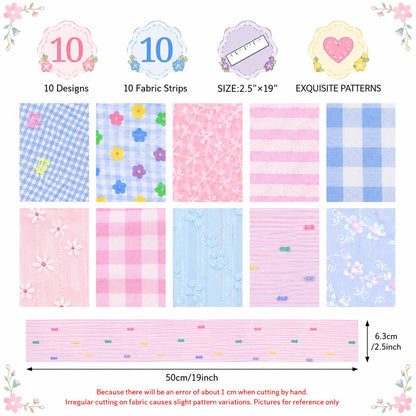 10Pc/Set, Making 10 Images 1pc Each, Each Size: 6.3*50cm Plaid Floral Series Sliced Fabric Set Style Combination, Polyester Jelly Roll Fabric Strips, Pre-Cut Quilting Squares, For Quilting DIY, Handicrafts And Sewing, Blankets, Rugs, Interior Decoration,