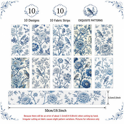 10pcs Vintage Blue Floral Pattern Jelly Roll Fabric Strips 2.5X19.7inch Pre-Cut 100% Polyester For Patchwork Quilts, Table Runners, Placemats, Tote Bags, Storage Pouches, Makeup Bags, Coasters, Quilt Blocks & Binding