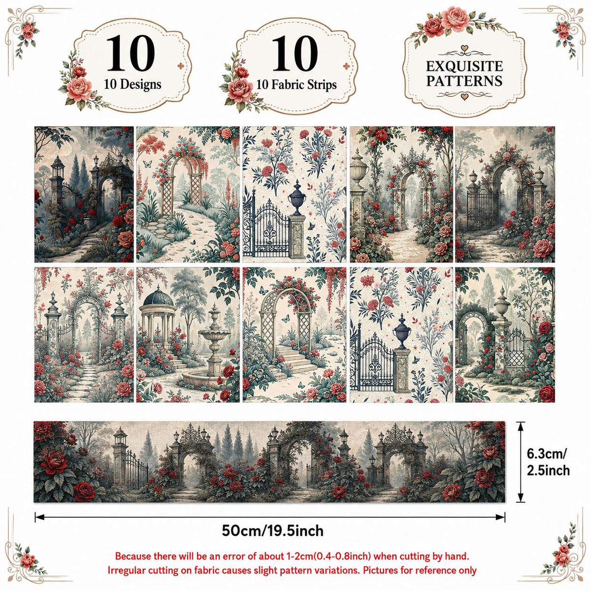 10pcs Vintage Floral Door Pavilion Pattern Jelly Roll Fabric Strips 2.5X19.7inch Pre-Cut 100% Polyester For Patchwork Quilts, Table Runners, Placemats, Tote Bags, Storage Pouches, Makeup Bags, Coasters, Quilt Blocks & Binding