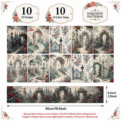 10pcs Vintage Floral Door Pavilion Pattern Jelly Roll Fabric Strips 2.5X19.7inch Pre-Cut 100% Polyester For Patchwork Quilts, Table Runners, Placemats, Tote Bags, Storage Pouches, Makeup Bags, Coasters, Quilt Blocks & Binding