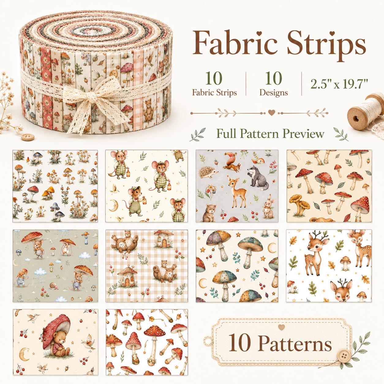 10Pc/Set, Making 10 Images 1pc Each, Each Size: 6.3*50cm Squirrel Mushroom Mouse Animal Series Sliced Fabric Set Style Combination, Polyester Jelly Roll Fabric Strips, Pre-Cut Quilting Squares, For Quilting DIY, Handicrafts And Sewing, Blankets, Rugs