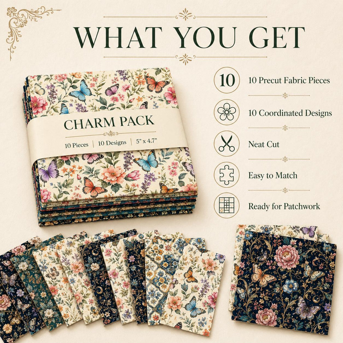 10pcs Charm Pack Set Floral Butterfly Pattern Vintage Style Handmade DIY with Rich Color and Texture Elements 100% Polyester Patchwork in 10 Design Styles Suitable for Patchwork DIY Craft Projects DIY Wallet Making Gift Giving Bag Making Mother's Day Gift
