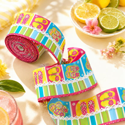 5 Yards Summer Slippers Stripe Print Ribbon, Width 32mm/1.26-Inch, Two Ribbon Equipped with White Center Hook Edge, Ideal for Showcasing Jewelry And Wrapping Gifts, Creating Bows, Holiday Decorations