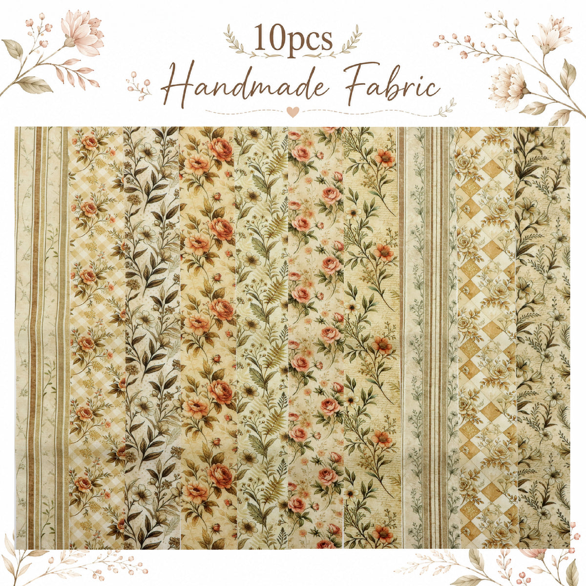 10pcs Vintage Daisy Floral Pattern Jelly Roll Fabric Strips 2.5X19.7inch Pre-Cut 100% Polyester For Patchwork Quilts, Table Runners, Placemats, Tote Bags, Storage Pouches, Makeup Bags, Coasters, Quilt Blocks & Binding