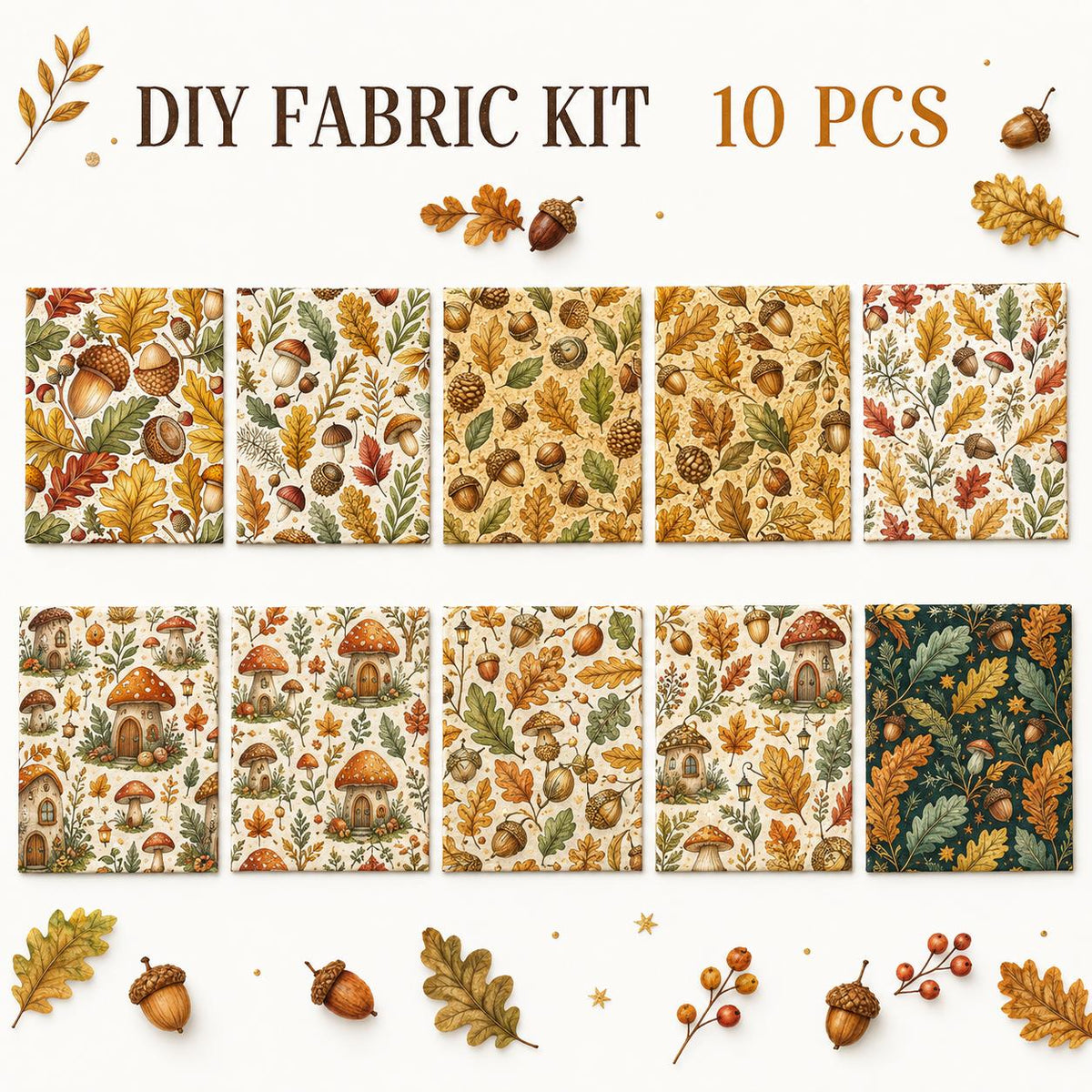 10Pc/Set Autumn Leaves Mushroom Pinecones Series Fat Quarter Fabric, Pre-Cut Square Fabric Assort, Fabric Set, Craft Fabric, Handmade DIY Patchwork Fabric,Home Quilting Sewing Fabric, Packaging Fabric, Scrapbooking Craft Hobbyist