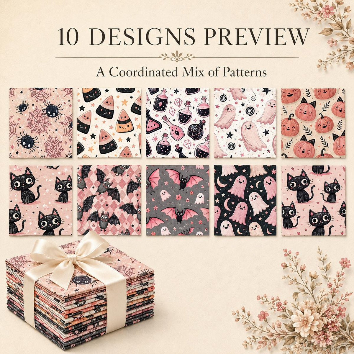 10pcs Charm Pack Set  Bat Ghost Cat Pumpkin Halloween Vintage Style Pattern Handmade DIY with Rich Color and Texture Elements 100% Polyester Patchwork in 10 Design Styles Suitable for Patchwork DIY Craft Projects DIY Wallet Making Gift Giving Bag Making