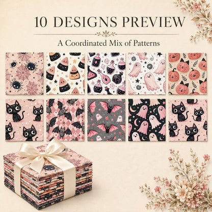 10pcs Charm Pack Set  Bat Ghost Cat Pumpkin Halloween Vintage Style Pattern Handmade DIY with Rich Color and Texture Elements 100% Polyester Patchwork in 10 Design Styles Suitable for Patchwork DIY Craft Projects DIY Wallet Making Gift Giving Bag Making