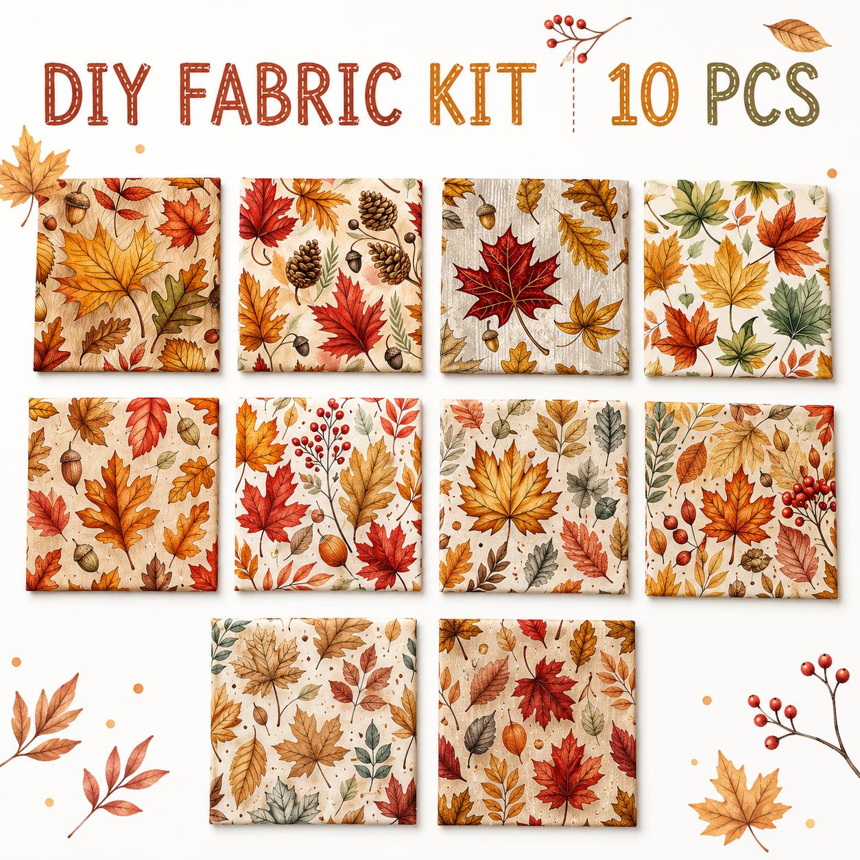 10Pc/Set Fall Autumn Series Maple Leaf Pinecones Fat Quarter Fabric, Pre-Cut Square Fabric Assort, Fabric Set, Craft Fabric, Handmade DIY Patchwork Fabric,Home Quilting Sewing Fabric, Packaging Fabric, Scrapbooking Craft Hobbyist