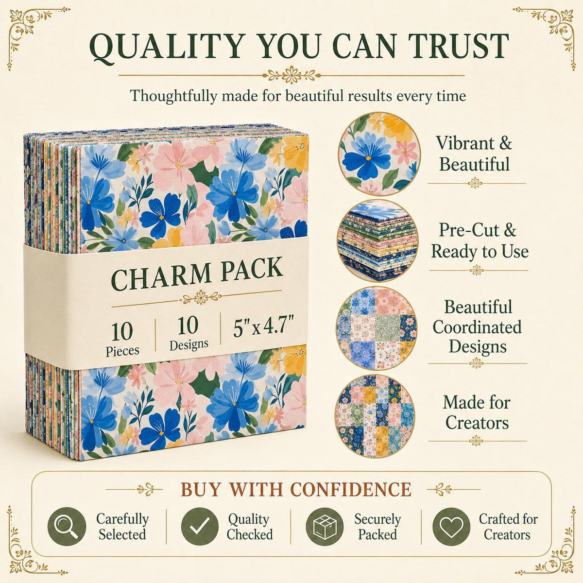 10pcs Charm Pack Set Floral Pattern Vintage Style Handmade DIY with Rich Color and Texture Elements 100% Polyester Patchwork in 10 Design Styles Suitable for Patchwork DIY Craft Projects DIY Wallet Making Gift Giving Bag Making Mother's Day Gift