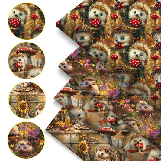 4Pc/set 7.87x7.87inch/19.68x17.7inch hedgehog series Precut Quilting Fabric Fat Quarter Fabric Bundle, Polyester Quilting Squares for Patchwork, DIY Crafts Projects, DIY Wallet Making